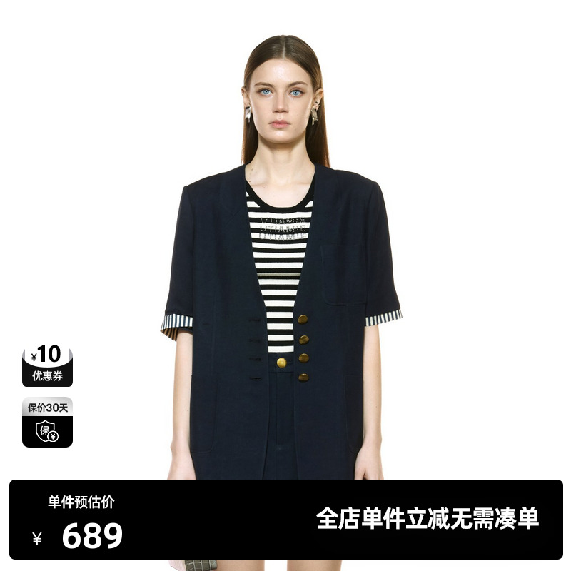 U/TI拼接短袖V领西装女 轻奢复古亚麻通勤风外套尤缇2025秋季新款