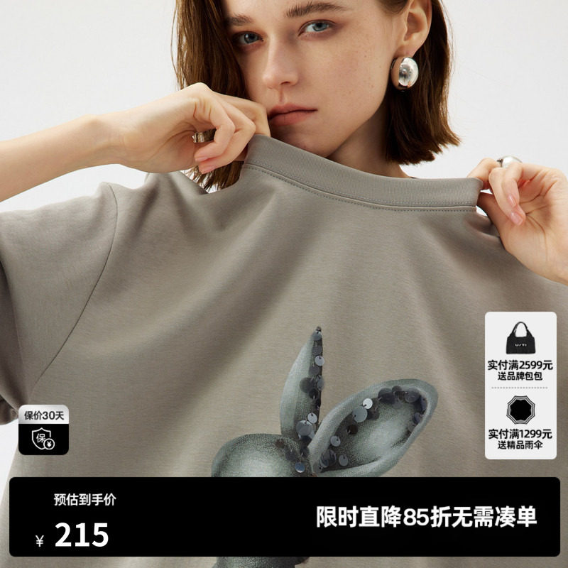 U/TI重工亮片兔子T恤女 百搭棉圆领宽松休闲短袖尤缇2025夏季新款