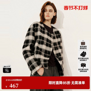 U/TI黑白格纹短款绵羊毛短大衣女复古千金风外套尤缇2025冬季新款