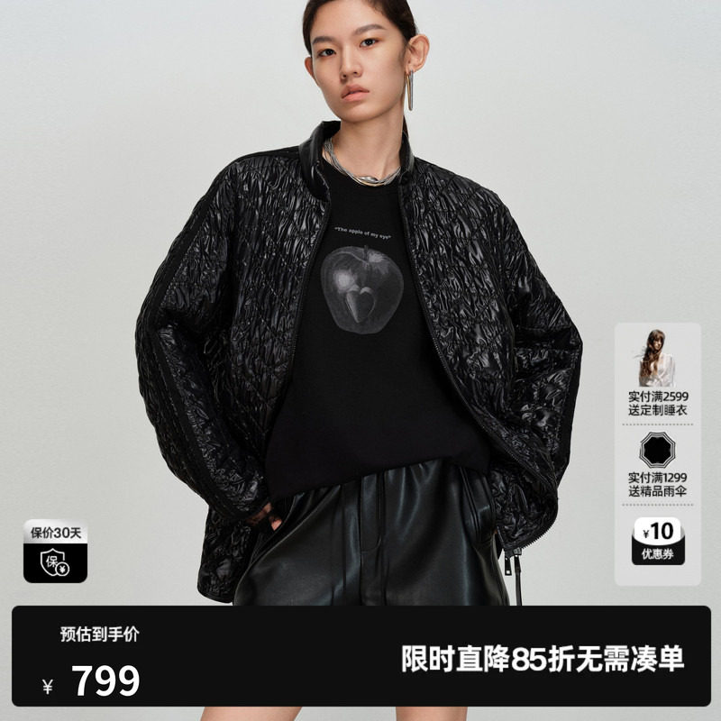 U/TI亮面菱格黑色棉服女宽松落肩光泽肌理感外套尤缇2026春季新款