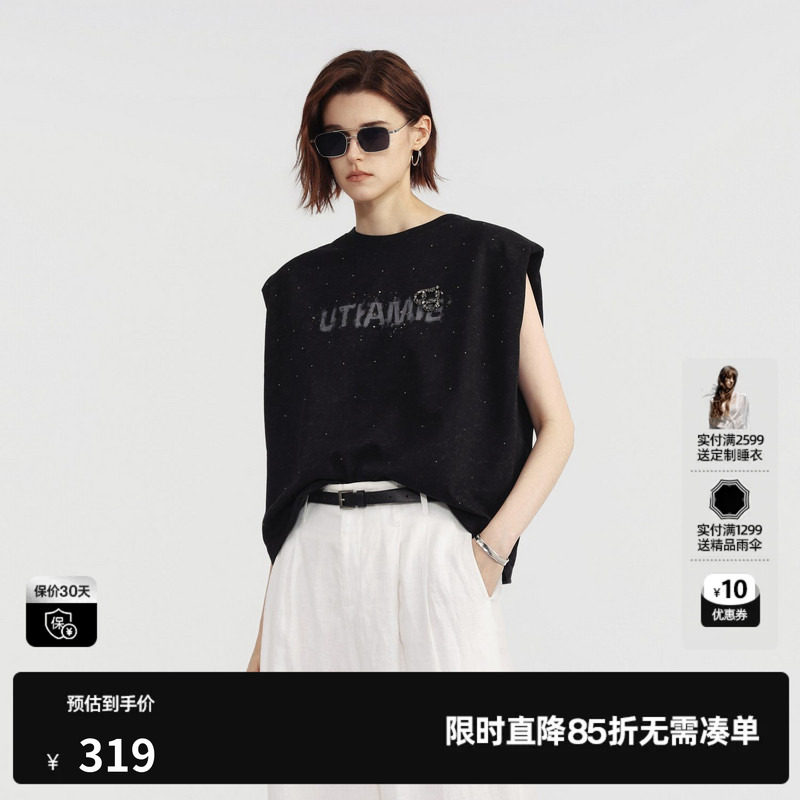 U/TI黑色棉感烫钻无袖T恤女直筒宽松休闲薄上衣 尤缇2026夏季新款