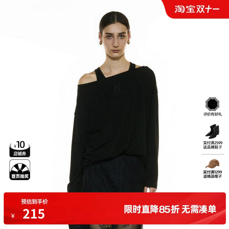 U/TI假两件垂感长袖T恤女 宽松廓形露肩休闲上衣尤缇2025秋季新款