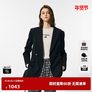 U/TI黑色正肩羊毛西装女通勤风百搭简约休闲外套尤缇2025春季新款