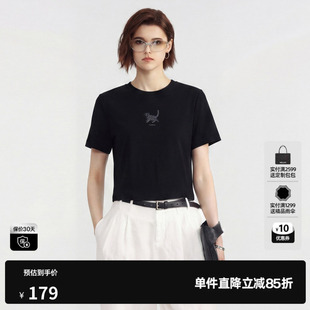 U/TI黑色莱赛尔印花短袖T恤女薄款修身直筒短款 尤缇2026夏季新款