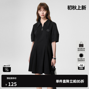 U/TI黑色甜酷风Polo连衣裙女 正肩高腰抽褶A字裙尤缇纯棉夏季新款