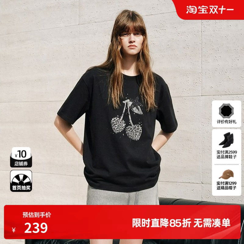 U/TI 黑色100%棉豹纹樱桃短袖T恤女宽松落肩休闲尤缇2026秋季新款