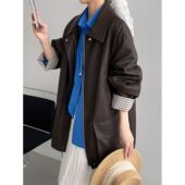 那末韩系复古翻领格子袖 口撞色pu皮衣女宽松慵懒风显瘦外套C3715