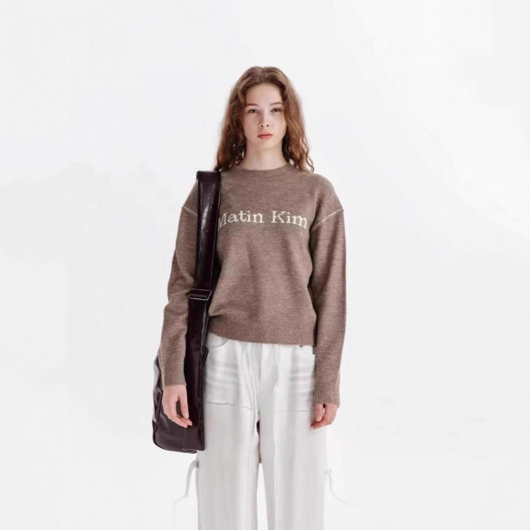 现货韩国matinkim秋冬休闲logo缝线宽松男女百搭针织圆领套头毛衣