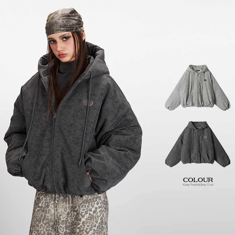 HeyHenry 美式做旧复古宽松连帽棉衣女2025冬季慵懒保暖加厚外套