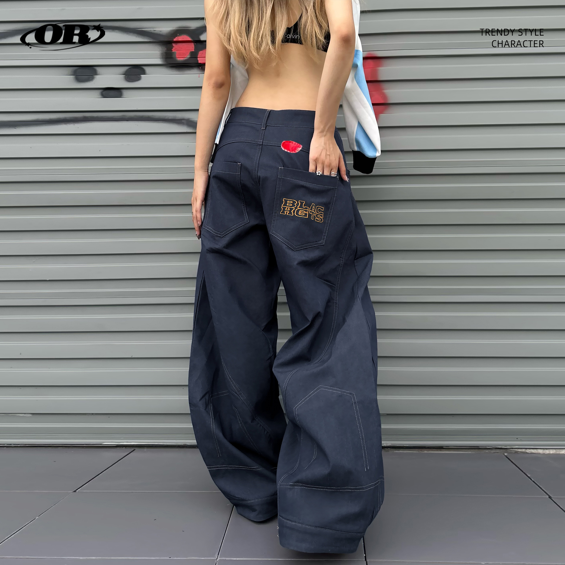 美式复古倒装设计弯刀牛仔裤潮牌刺绣加厚阔腿香蕉裤男女