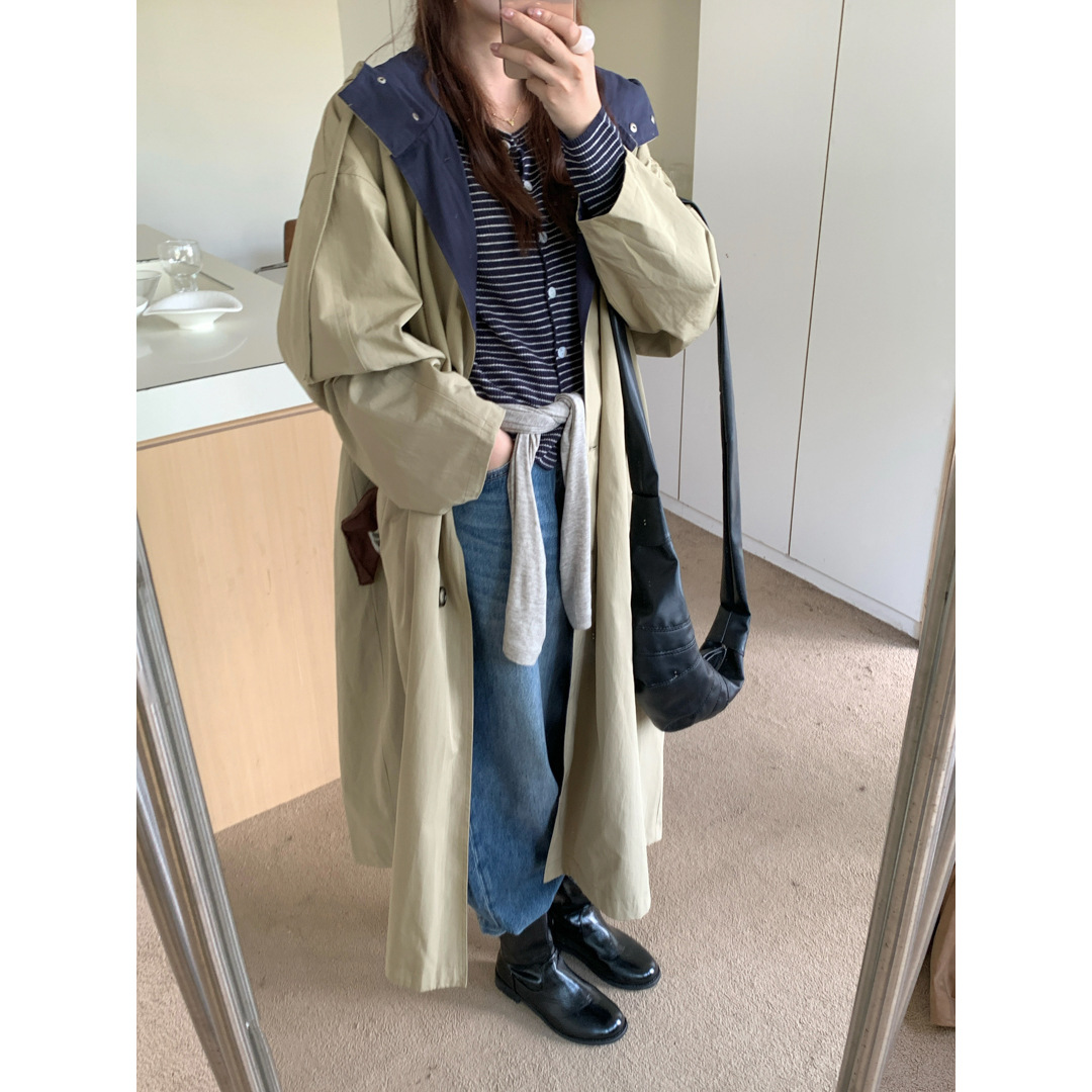GAGD 中长款撞色立领连帽外套风衣女2025秋季新款复古miu系风衣