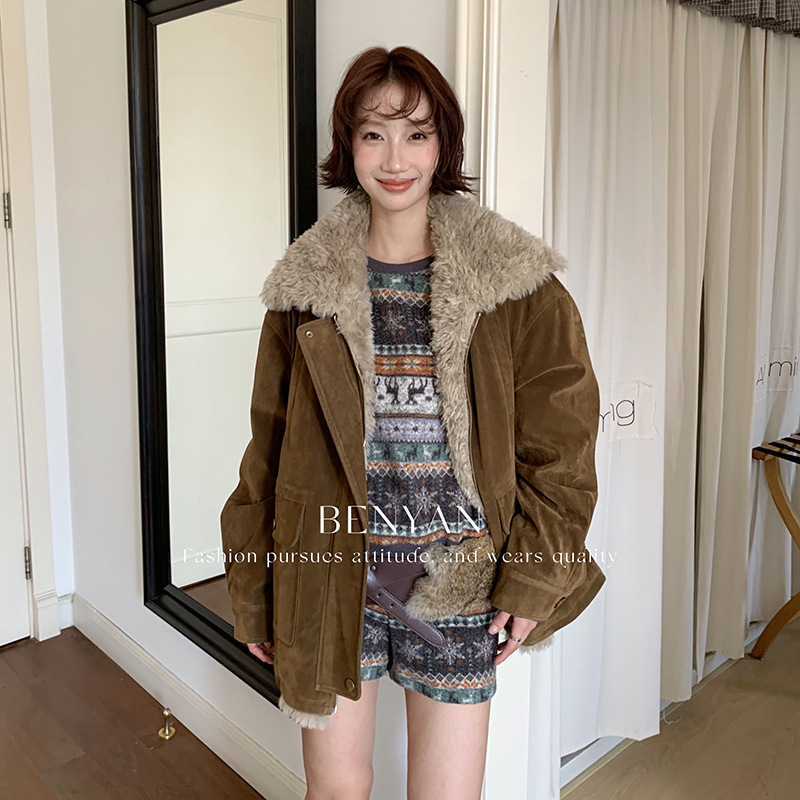 BENYAN本言 美拉德复古植绒皮毛一体翻领派克服棉服外套1911-5857