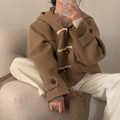 尺码更新韩国chic冬季新款复古牛角扣连帽短款毛呢大衣女装新款