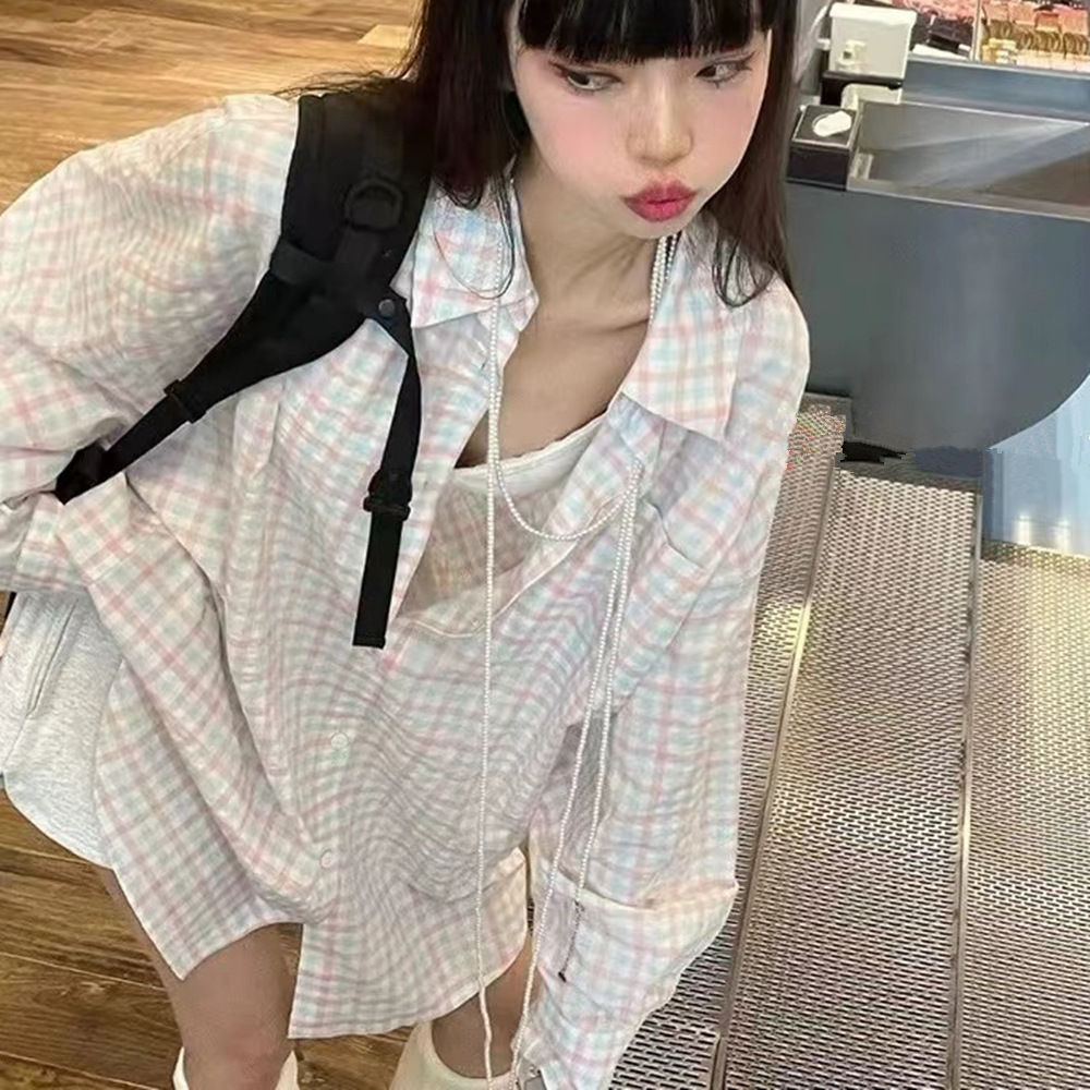 长袖防晒格子衬衫女薄款夏季新款韩版气质宽松中长款衬衣外套上衣