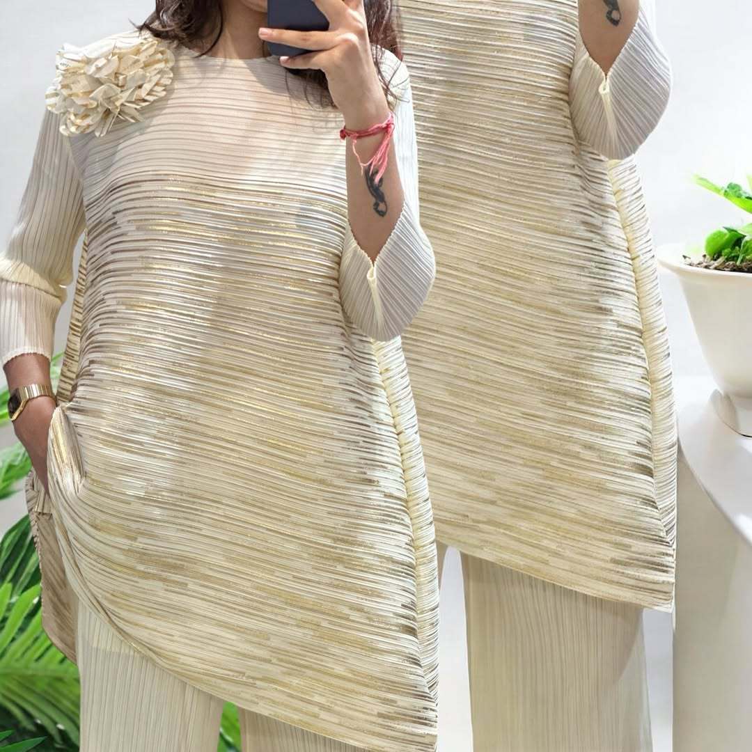 三宅褶皱时尚套装大码女装高端烫金圆领上衣百褶休闲裤两件套外贸