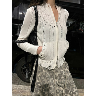 美式 W1888 复古修身 铆钉针织开衫 立领绞花镂空毛织短款 2026夏季
