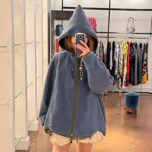 太后25新款土星秋冬女抓绒外套卫衣保暖蓝灰色宽松连帽摇粒绒上衣