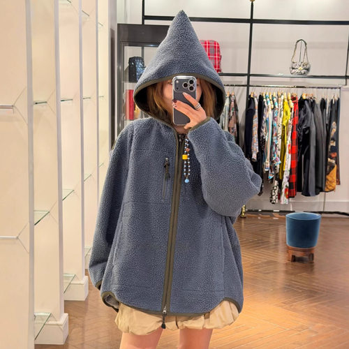 太后25新款土星秋冬女抓绒外套卫衣保暖蓝灰色宽松连帽摇粒绒上衣