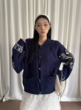 ME KAKAMEE十三行冬费尔岛提花氛围感北极绒牛角扣麻花毛衣女989