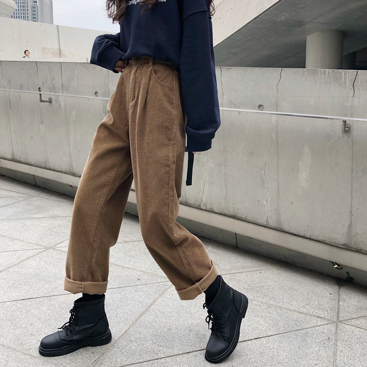 实拍2025秋冬韩风复古慵懒松紧腰灯芯绒休闲裤女小个子宽松直筒裤