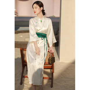SHIBAI拾白新中式春秋禅意国风醋酸梅兰竹菊连衣裙白色大气中长裙