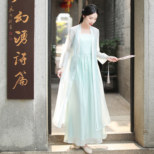 拾白长款绣花两件套外披改良汉服