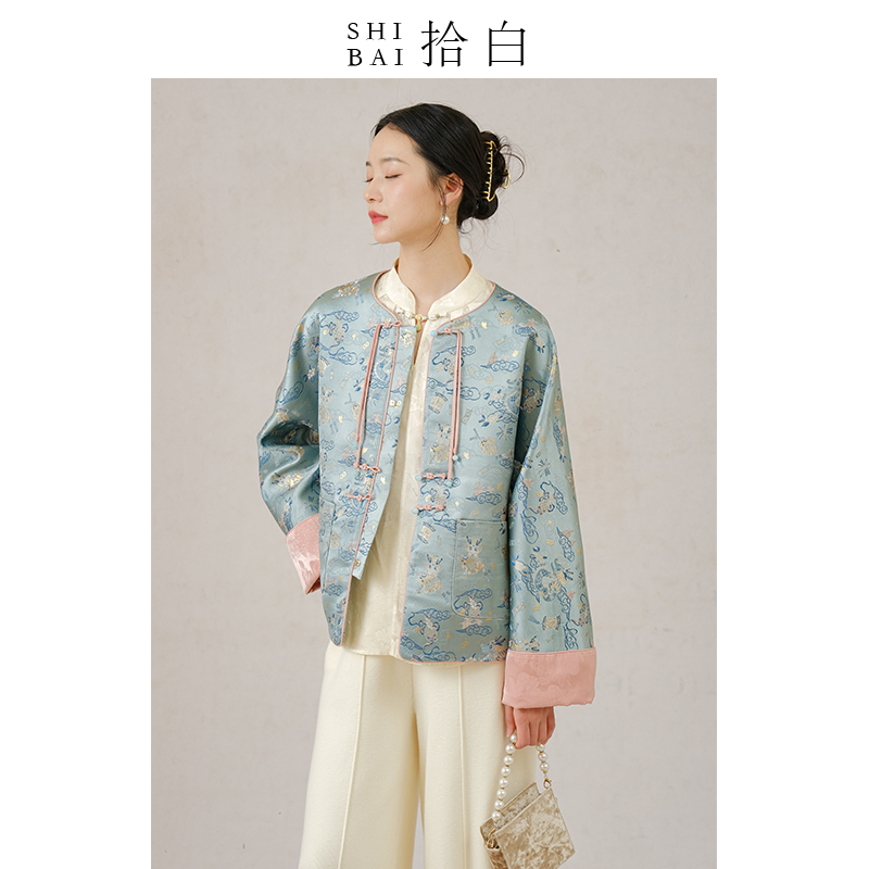 SHIBAI拾白 瑞云龙 新中式外套春秋新款中国风仿宋锦提花盘扣上衣