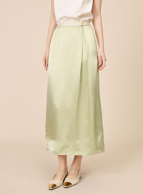 SHIBAI拾白缎面光泽新中式改良盘扣拼接桑蚕丝绿色夏季长款半身裙