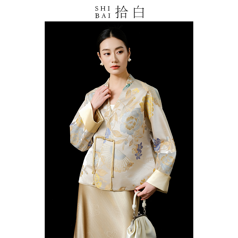 SHIBAI拾白 牡丹韵 新中式国风高端仿宋锦春新款女气质交领短外套