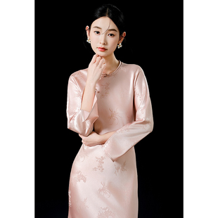 SHIBAI拾白新中式连衣裙原创国风女长袖醋酸提花改良斜襟盘扣旗袍