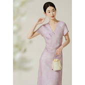 短袖 SHIBAI拾白 新中式 气质夏季 国风盘扣复古改良V领旗袍裙 紫汀