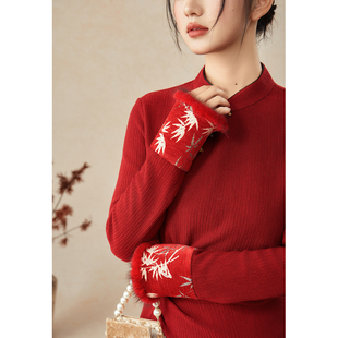 拼袖 新中式 设计晨袍订婚礼服改良旗袍澳毛连衣裙 红妆 SHIBAI拾白