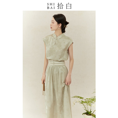 拾白新中式女装绿色人丝上衣半裙