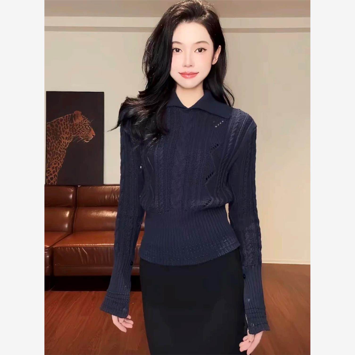 2025秋新款翻领麻花下摆收腰显瘦百搭针织上衣毛衣女