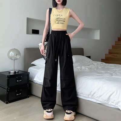 美式复古速干工装裤子女春夏天薄款高腰显瘦直筒束脚阔腿运动长裤