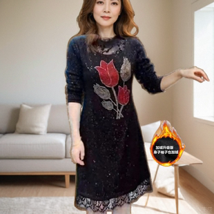 打底裙女时尚 连衣裙重工烫钻立领中长款 减龄显瘦 加绒长袖 秋冬新款