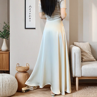 大码 半身裙春夏百搭冰丝高腰显瘦垂感醋酸凉凉a字裙开叉中长裙子