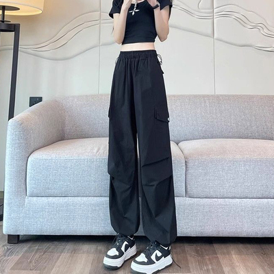 高腰束脚直筒阔腿哈伦运动工装裤