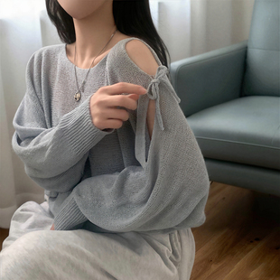 韩国chic春夏宽松肩部开衩露肩长袖针织衫上衣透视薄款套头毛衣女