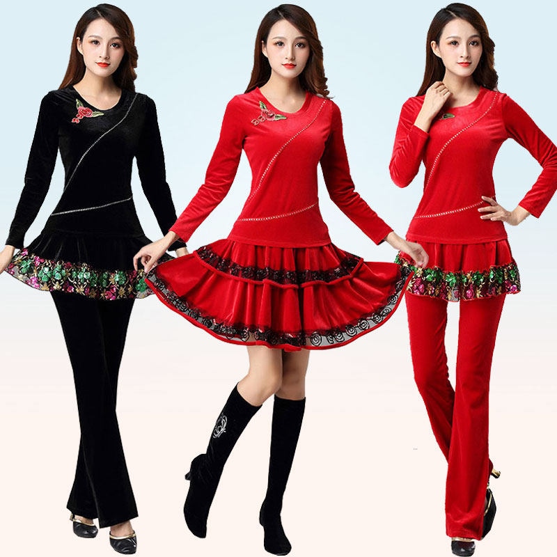 新款广场舞服装金丝绒长袖上衣舞蹈裙套装春秋季中老年演出舞蹈服