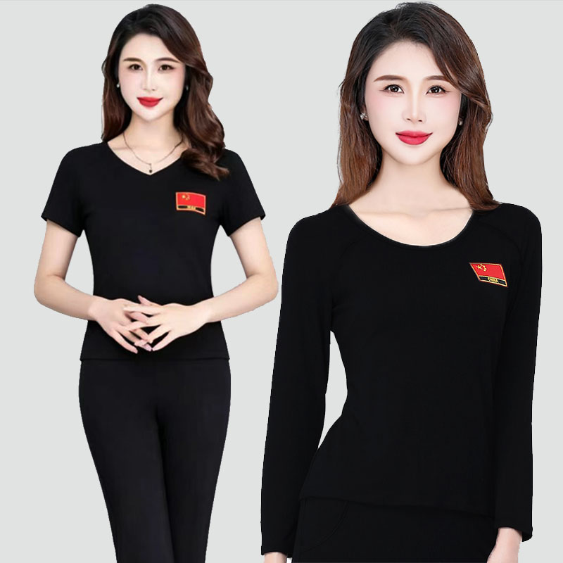 广场舞服装短袖V领莫代尔舞蹈上衣五星国旗图案练功服黑色演出服