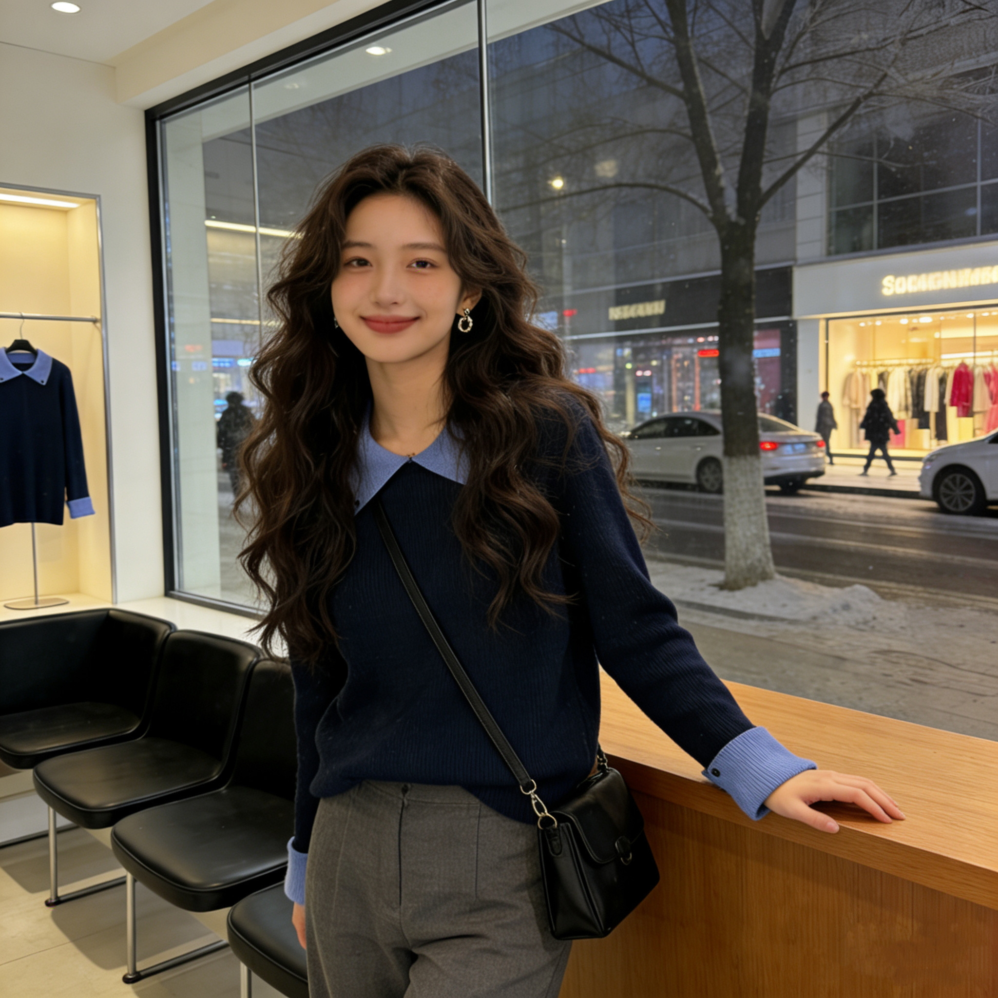 2025秋冬新款女装法式优雅赫本撞色翻领毛衣宽松显瘦百搭毛针织衫