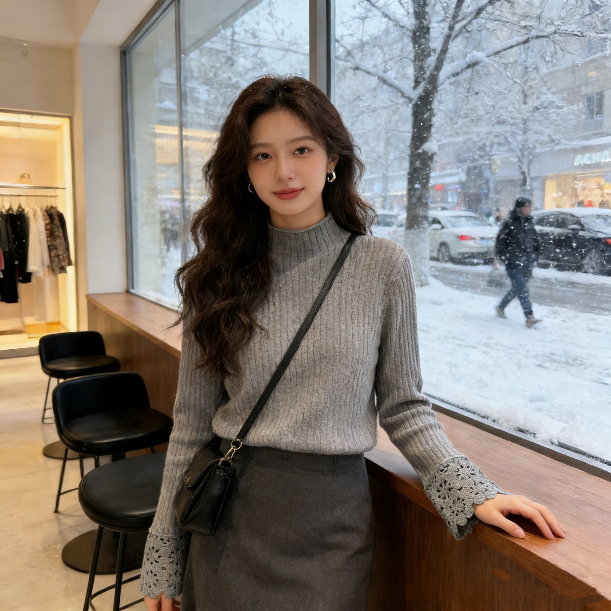 2025年秋冬新款打底半高领拼接袖口钩花毛衣女亲肤针织衫 上衣女