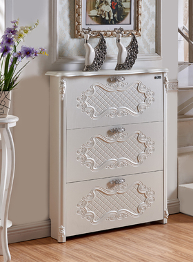 欧式超薄翻斗鞋柜简约现代白色雕花进门口家用入户玄关门厅柜17cm