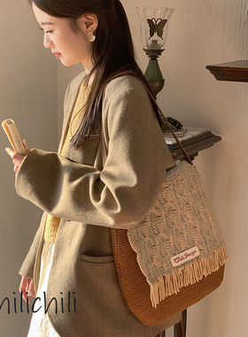Chilichili原创设计手工钩织羊毛单肩斜挎大容量复古配色托特包