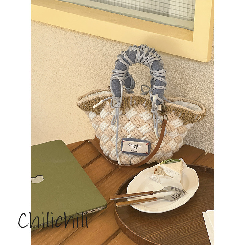 chilichili原创设计手工编织钩织diy材料包牛仔布菜篮子斜挎包