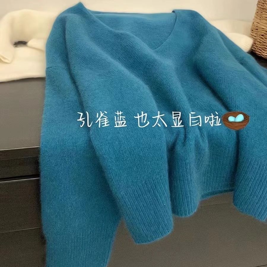 浣熊绒蓝色v领毛衣针织衫女秋冬外穿宽松慵懒风软糯短款套头上衣