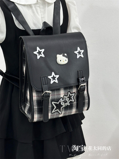 原创校园书包格子凯蒂猫Y2K多层大容量手提双肩包小众设计师背包