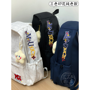 原创自制美式 刺绣字母高中大学生背包简约百搭大容量休闲双肩书包