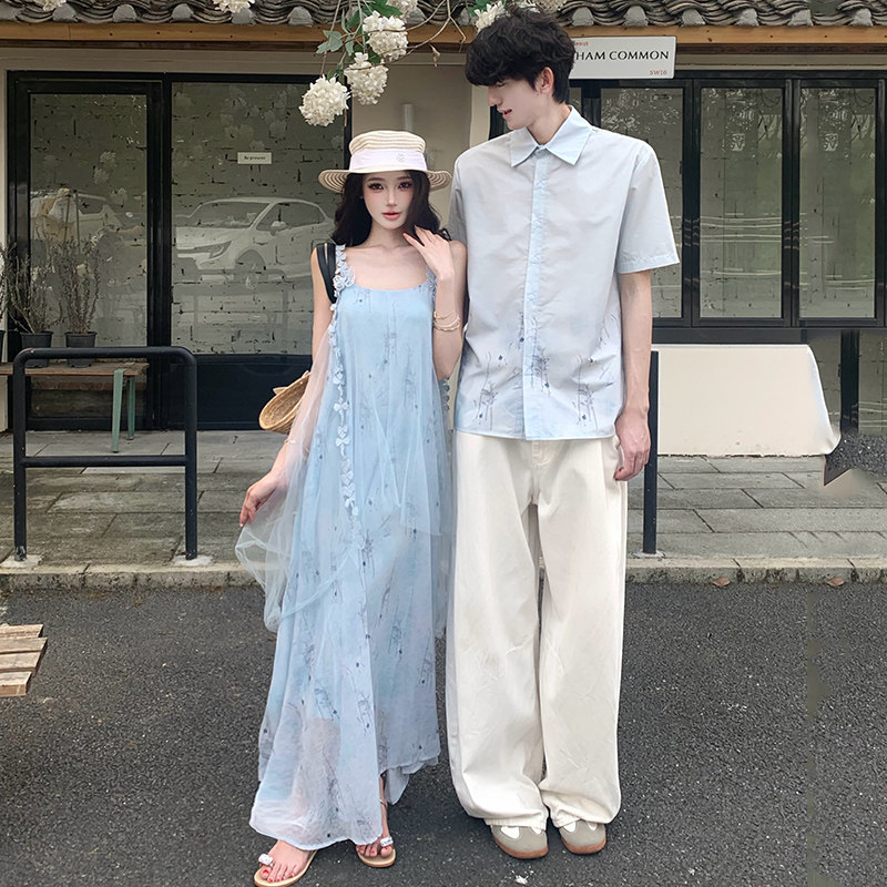 海边度假情侣装夏季衬衫高级感花朵吊带连衣裙气质长裙一裙一衣潮
